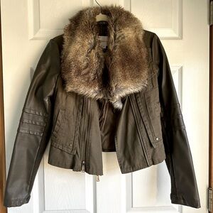 BCBGeneration faux fur/leather/canvas jacket in military green